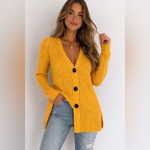 J. Jill Mustard Ribbed Cardigan Sweater | Statement Buttons | Cozy Layer